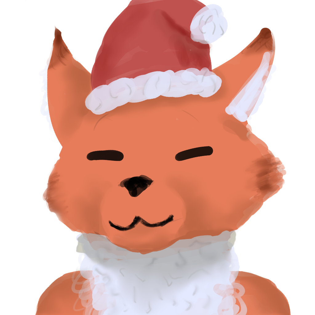 Artwork of Anshu with Christmas hat, smiling to viewer, done by Eija